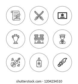 Antique icon set. collection of 9 outline antique icons with castle, certificate, dagger, katana, papyrus, perfume, vase, ticket collector icons. editable icons.