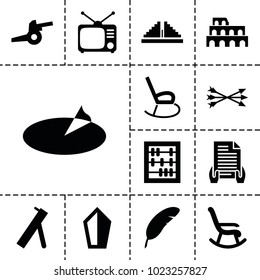 Antique icons. set of 13 editable filled antique icons such as coliseum, abacus, rocking chair, sword, tv, sundial, arrow bow, cannon, chichen itza, holding document