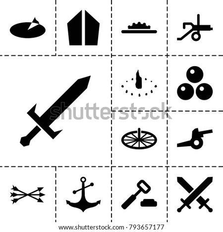 Antique icons. set of 13 editable filled antique icons such as auction hummer, anchor, camera wheel, sundial, sword, arrow bow, canon ball