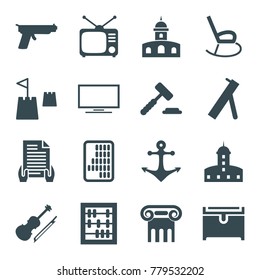 Antique icons. set of 16 editable filled antique icons such as greek column, castle, chest, auction hummer, abacus, tv, violin, anchor, castle tower, cannon, gun