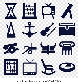 Antique icons set. set of 16 antique filled icons such as greek column, chest, tv, violin, metronome, hourglass, anchor, sundial, helmet, cannon, abacus