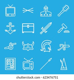 Antique icons set. set of 16 antique outline icons such as castle, chest, Tv, TV, metronome, anchor, knight, sword, arrow bow, helmet, mace, spear, cannon, auction hummer