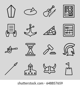 Antique icons set. set of 16 antique outline icons such as castle, abacus, holding document, anchor, violin, hourglass, castle tower, sundial, knight, helmet, spear, cannon