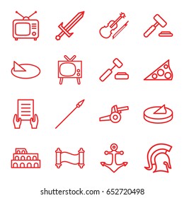 Antique icons set. set of 16 antique outline icons such as coliseum, holding document, tv, violin, anchor, sundial, knight, sword, spear, manuscript, cannon, auction hummer