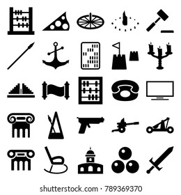 Antique icons. set of 25 editable filled antique icons such as greek column, abacus, anchor, metronome, desk phone, candlestick, castle tower, sundial, sword, catapult, spear