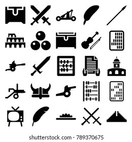 Antique icons. set of 25 editable filled antique icons such as chichen itza, coliseum, chest, abacus, feather, sword, tv, violin, camera wheel, catapult, helmet, spear