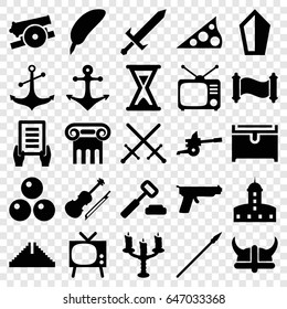 Antique icons set. set of 25 antique filled icons such as chichen itza, greek column, castle, chest, holding document, anchor, tv, violin, candlestick, hourglass, sundial