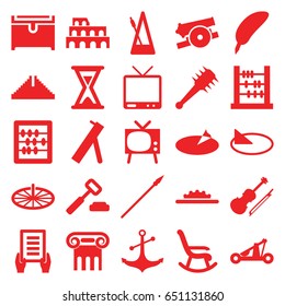 Antique icons set. set of 25 antique filled icons such as chichen itza, coliseum, greek column, chest, abacus, holding document, anchor, tv, violin, metronome, camera wheel