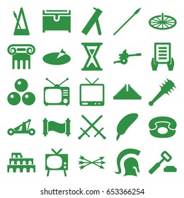 Antique icons set. set of 25 antique filled icons such as chichen itza, coliseum, greek column, chest, holding document, tv, tv, metronome, desk phone, hourglass, sundial