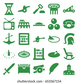 Antique icons set. set of 25 antique filled icons such as coliseum, greek column, castle, chest, abacus, anchor, tv, camera wheel, desk phone, hourglass, sundial, knight