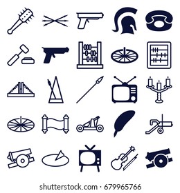Antique icons set. set of 25 antique filled and outline icons such as tv, desk phone, sundial, knight, cannon, gun, chichen itza, abacus, violin, metronome, candlestick