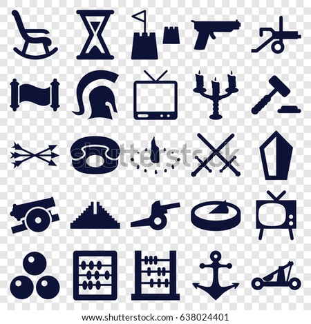 Antique icons set. set of 25 antique filled icons such as chichen itza, abacus, tv, desk phone, candlestick, hourglass, anchor, castle tower, sundial, knight, arrow bow