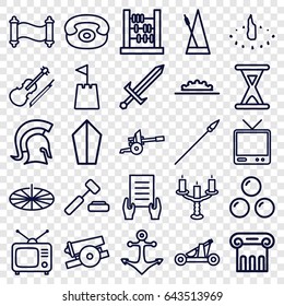 Antique icons set. set of 25 antique outline icons such as greek column, holding document, tv, tv, violin, metronome, camera wheel, desk phone, candlestick, hourglass, anchor