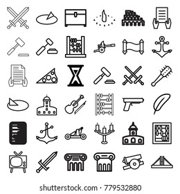 Antique icons. set of 36 editable outline antique icons such as hourglass, chichen itza, greek column, castle, chest, holding document, auction hummer, abacus, feather, sword