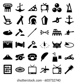 Antique icons set. set of 36 antique filled icons such as Chichen Itza, Coliseum, Greek column, chest, abacus, anchor, Tv, TV, metronome, desk phone, castle tower, sundial