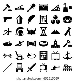 Antique icons set. set of 36 antique filled icons such as chichen itza, coliseum, castle, chest, holding document, anchor, tv, desk phone, hourglass, castle tower, sundial