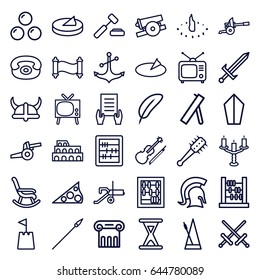 Antique icons set. set of 36 antique outline icons such as coliseum, greek column, abacus, holding document, anchor, tv, violin, metronome, desk phone, candlestick, hourglass