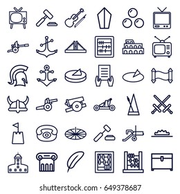 Antique icons set. set of 36 antique outline icons such as chichen itza, coliseum, greek column, castle, chest, abacus, holding document, anchor, tv, tv, violin, metronome