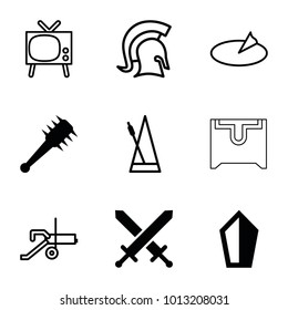 Antique icons. set of 9 editable filled and outline antique icons such as sword, mace, tv, metronome, sundial, knight, cannon