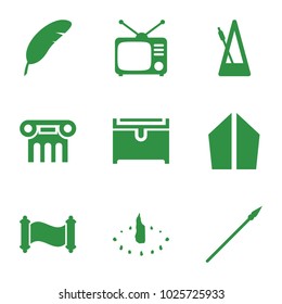Antique icons. set of 9 editable filled antique icons such as chest, tv, metronome, sundial, spear, manuscript, greek column, feather