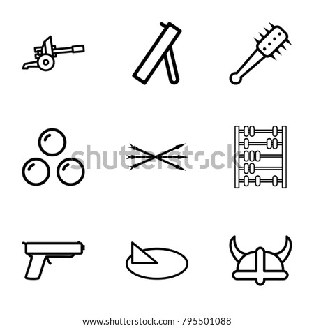 Antique icons. set of 9 editable outline antique icons such as sundial, arrow bow, helmet, mace, canon ball, cannon, gun
