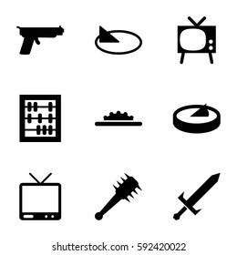 antique icons set. Set of 9 antique filled icons such as TV, camera wheel, sundial, sword, mace, gun