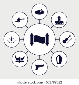 antique icons set. Set of 9 antique filled icons such as castle, violin, sundial, helmet, manuscript, cannon, gun