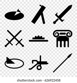 Antique icons set. set of 9 antique filled icons such as Greek column, camera wheel, sundial, sword, spear