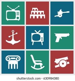 Antique icons set. set of 9 antique filled icons such as coliseum, greek column, anchor, tv, cannon, gun, rocking chair