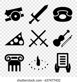 Antique icons set. set of 9 antique filled icons such as greek column, holding document, violin, desk phone, sundial, sword