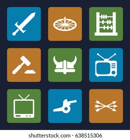 Antique icons set. set of 9 antique filled icons such as tv, tv, sundial, sword, arrow bow, helmet, cannon, auction hummer