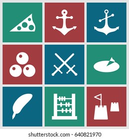 Antique icons set. set of 9 antique filled icons such as anchor, castle tower, sundial, canon ball, sword, feather