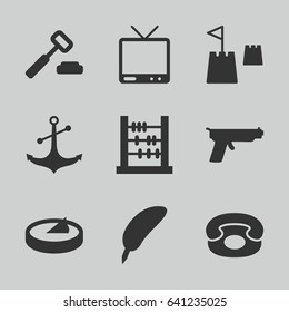 Antique icons set. set of 9 antique filled icons such as anchor, tv, desk phone, castle tower, sundial, gun, feather, abacus