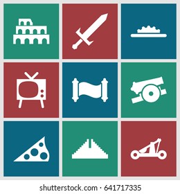 Antique icons set. set of 9 antique filled icons such as chichen itza, coliseum, camera wheel, sundial, sword, catapult, cannon, manuscript