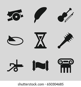 Antique icons set. set of 9 antique filled icons such as greek column, violin, hourglass, sundial, mace, cannon, manuscript