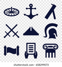 Antique icons set. set of 9 antique filled icons such as chichen itza, greek column, holding document, anchor, sundial, knight, manuscript, cannon
