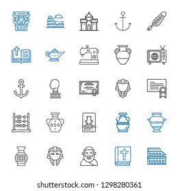 antique icons set. Collection of antique with colosseum, bible, plato, egyptian, vase, abacus, certificate, sculpture, anchor, tv, sewing machine. Editable and scalable antique icons.