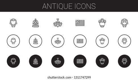 antique icons set. Collection of antique with egyptian, bird cage, chandelier, greece, vase. Editable and scalable antique icons.