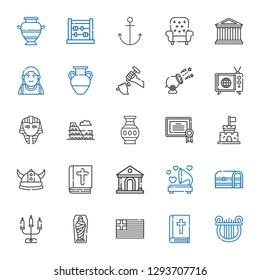 antique icons set. Collection of antique with lyre, bible, greece, mummy, candelabra, chest, gramophone, museum, viking, castle, certificate. Editable and scalable antique icons.