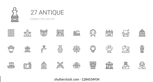 antique icons set. Collection of antique with museum, column, cage, swords, tv, trireme, vase, egyptian, rudder, faucet, castle, armchair. Editable and scalable antique icons.