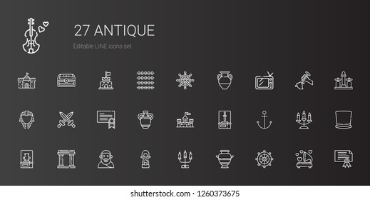 antique icons set. Collection of antique with rudder, vase, candelabra, lantern, plato, museum, anchor, sword, castle, certificate, swords. Editable and scalable antique icons.