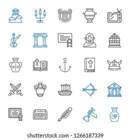 antique icons set. Collection of antique with vase, sculpture, quill, chest, certificate, museum, artemis, trireme, swords, viking, bible. Editable and scalable antique icons.