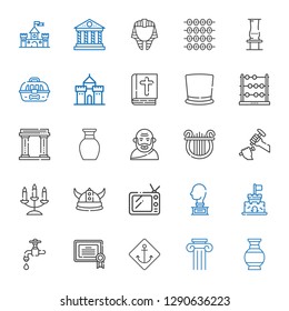 antique icons set. Collection of antique with vase, column, anchor, certificate, faucet, castle, sculpture, tv, viking, candelabra, lyre. Editable and scalable antique icons.