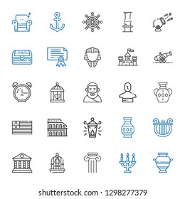 antique icons set. Collection of antique with vase, candelabra, column, bird cage, parthenon, lyre, oil lamp, colosseum, greece, statue, plato. Editable and scalable antique icons.