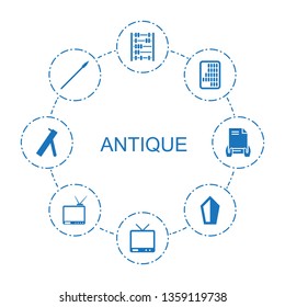 antique icons. Trendy 8 antique icons. Contain icons such as abacus, TV, spear, sword, cannon, holding document. antique icon for web and mobile.