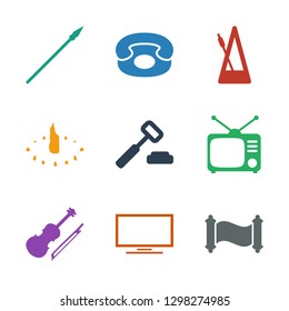 antique icons. Trendy 9 antique icons. Contain icons such as manuscript, TV, violin, auction hummer, sundial, metronome, desk phone, spear. antique icon for web and mobile.