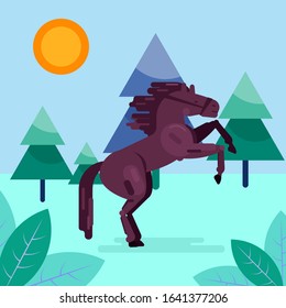 Antique image of stallion horse ancient Greek or Roman art design vector illustration flat style. Horse wild animal in harness reared outdoors. Nature, field, trees, sun.