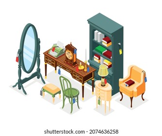 Antique interior isometric background with composition of vintage luxury furniture chairs mirror cabinet and writing table vector illustration
