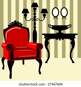 Antique interior with red armchair