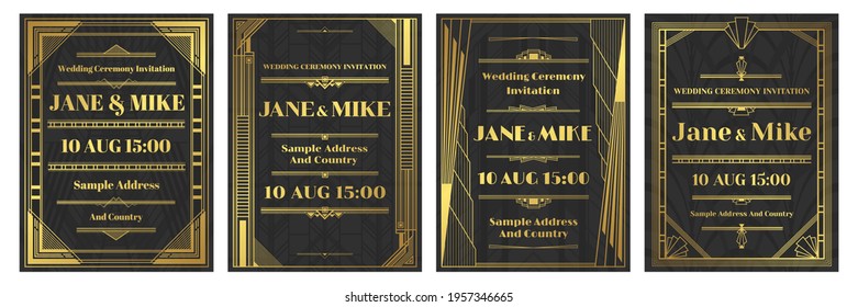 Antique invitations. Art deco wedding event invitation card template vector set